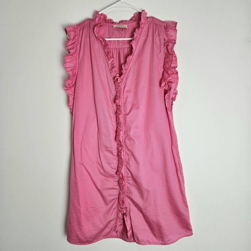 Stark X Dress‎ Womens Sz M Ruffle V-Neck Cotton Pockets Mini Bubblegum Pink USA